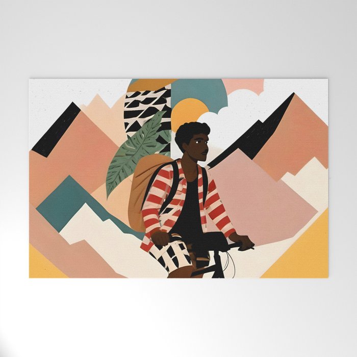 Always a Traveler, Travel Adventure Collage Nomad Lifestyle, Never Settle Explore Digital Black Man Cycling, Mountains Nature Landscape Eclectic Bohemian Contemporary Graphic  Welcome Mat Gallery Image 1