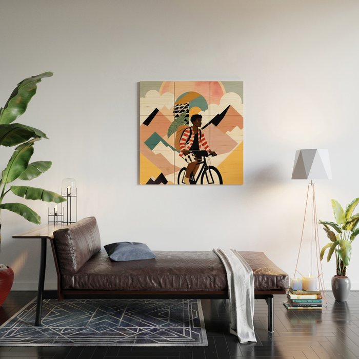 Always a Traveler, Travel Adventure Collage Nomad Lifestyle, Never Settle Explore Digital Black Man Cycling, Mountains Nature Landscape Eclectic Bohemian Contemporary Graphic  Wood Wall Art Gallery Image 2