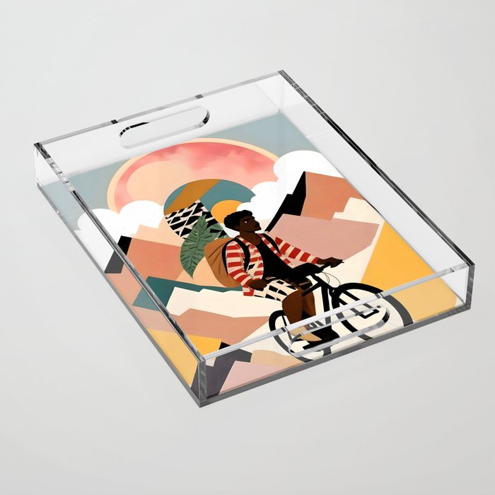 Always a Traveler, Travel Adventure Collage Nomad Lifestyle, Never Settle Explore Digital Black Man Cycling, Mountains Nature Landscape Eclectic Bohemian Contemporary Graphic  Acrylic Tray Gallery Image 1