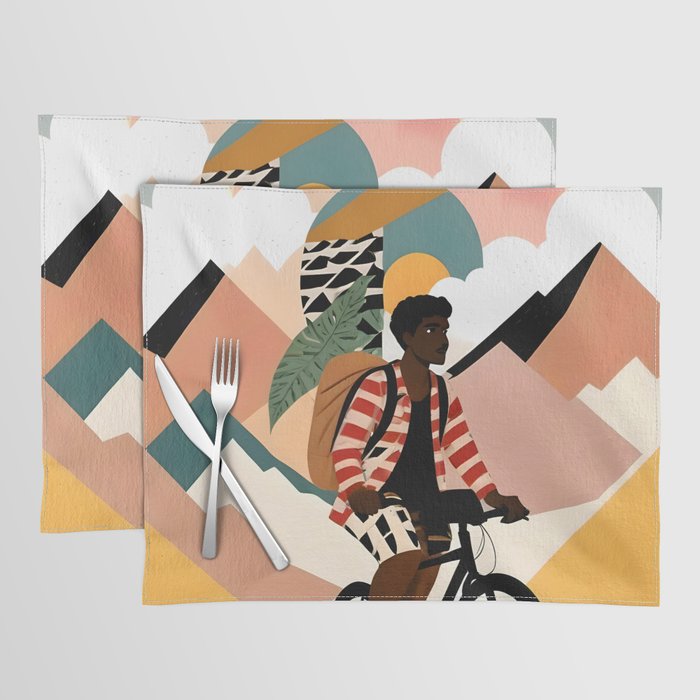 Always a Traveler, Travel Adventure Collage Nomad Lifestyle, Never Settle Explore Digital Black Man Cycling, Mountains Nature Landscape Eclectic Bohemian Contemporary Graphic  Placemat Gallery Image 1