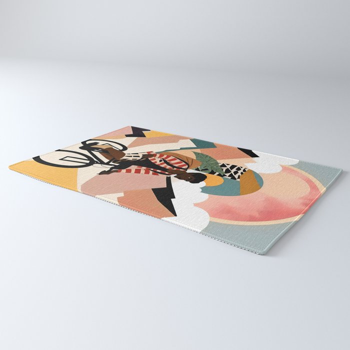 Always a Traveler, Travel Adventure Collage Nomad Lifestyle, Never Settle Explore Digital Black Man Cycling, Mountains Nature Landscape Eclectic Bohemian Contemporary Graphic  Rug Gallery Image 3