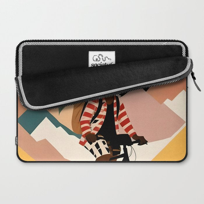 Always a Traveler, Travel Adventure Collage Nomad Lifestyle, Never Settle Explore Digital Black Man Cycling, Mountains Nature Landscape Eclectic Bohemian Contemporary Graphic  Laptop Sleeve Gallery Image 2