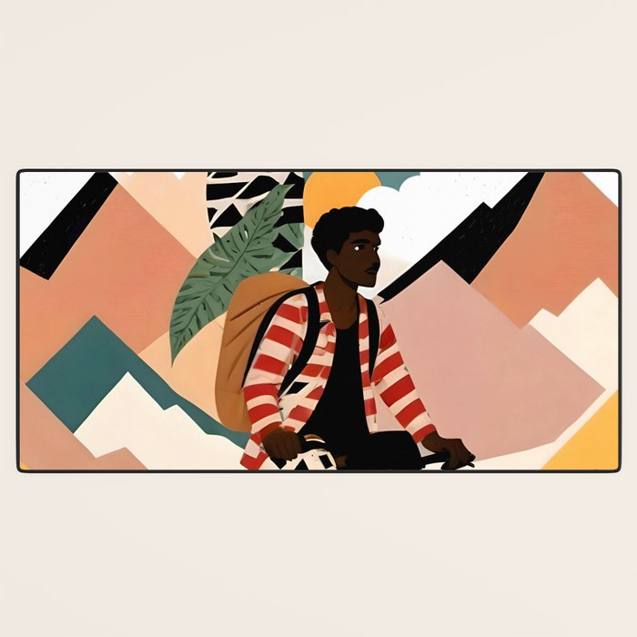 Always a Traveler, Travel Adventure Collage Nomad Lifestyle, Never Settle Explore Digital Black Man Cycling, Mountains Nature Landscape Eclectic Bohemian Contemporary Graphic  Desk Mat Gallery Image 3