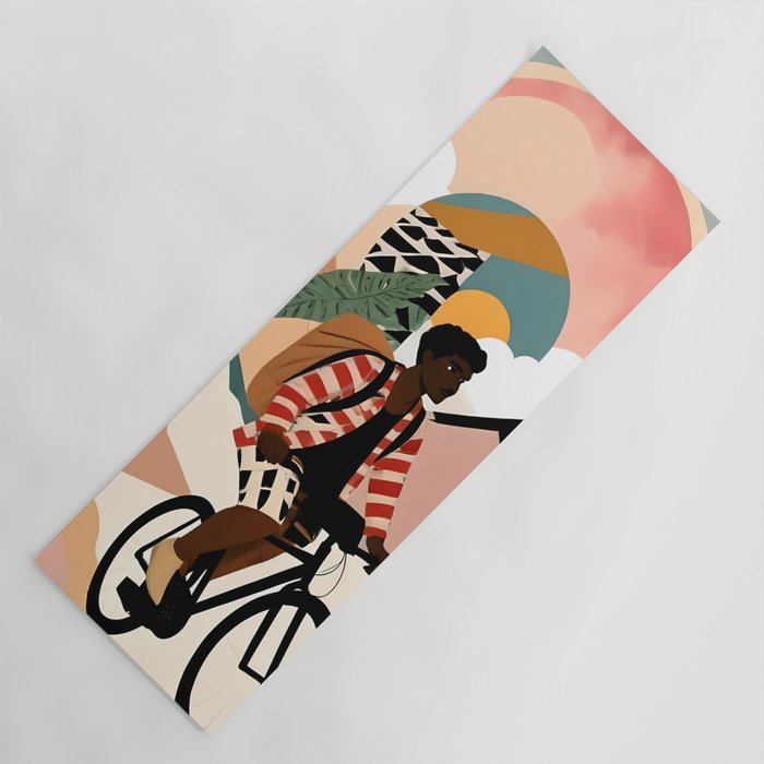 Always a Traveler, Travel Adventure Collage Nomad Lifestyle, Never Settle Explore Digital Black Man Cycling, Mountains Nature Landscape Eclectic Bohemian Contemporary Graphic  Yoga Mat Gallery Image 1