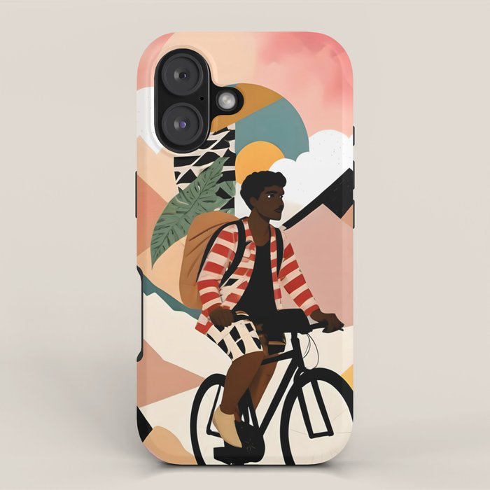 Always a Traveler, Travel Adventure Collage Nomad Lifestyle, Never Settle Explore Digital Black Man Cycling, Mountains Nature Landscape Eclectic Bohemian Contemporary Graphic  iPhone Case Gallery Image 1