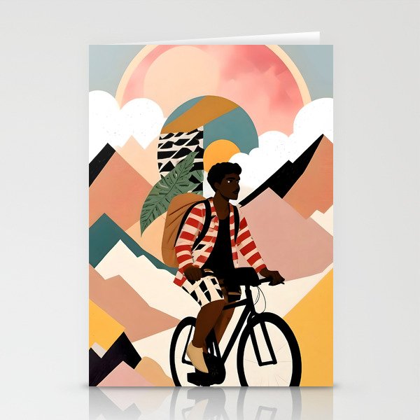Always a Traveler, Travel Adventure Collage Nomad Lifestyle, Never Settle Explore Digital Black Man Cycling, Mountains Nature Landscape Eclectic Bohemian Contemporary Graphic  Stationery Card Gallery Image 1