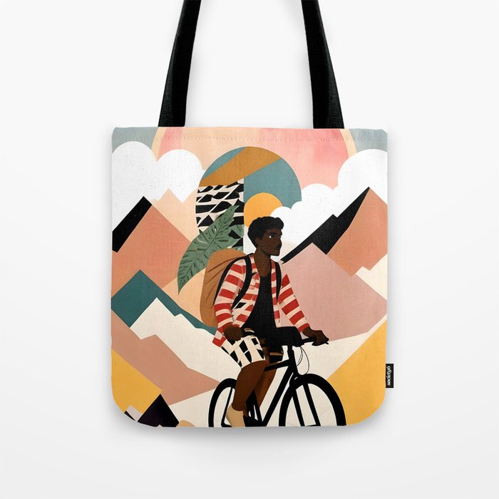 Always a Traveler, Travel Adventure Collage Nomad Lifestyle, Never Settle Explore Digital Black Man Cycling, Mountains Nature Landscape Eclectic Bohemian Contemporary Graphic  Tote Bag Gallery Image 1