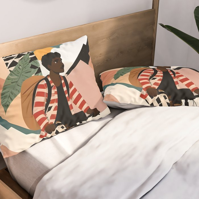 Always a Traveler, Travel Adventure Collage Nomad Lifestyle, Never Settle Explore Digital Black Man Cycling, Mountains Nature Landscape Eclectic Bohemian Contemporary Graphic  Pillow Sham Gallery Image 2