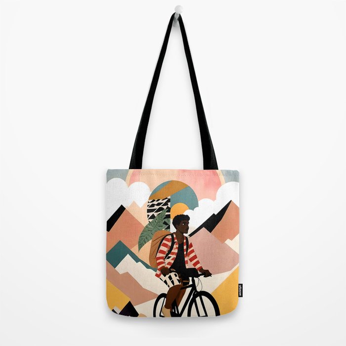Always a Traveler, Travel Adventure Collage Nomad Lifestyle, Never Settle Explore Digital Black Man Cycling, Mountains Nature Landscape Eclectic Bohemian Contemporary Graphic  Tote Bag Gallery Image 2