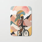 Always a Traveler, Travel Adventure Collage Nomad Lifestyle, Never Settle Explore Digital Black Man Cycling, Mountains Nature Landscape Eclectic Bohemian Contemporary Graphic  Bath Mat Gallery Image 1