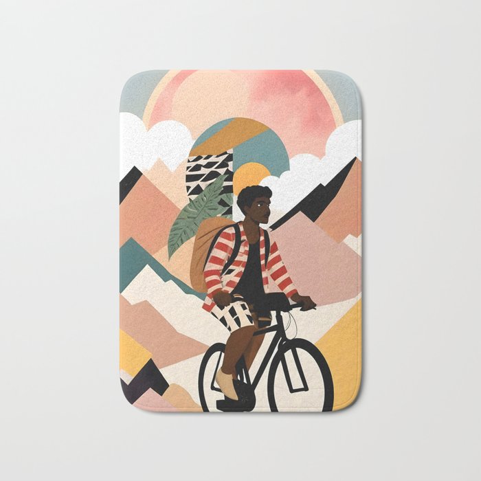 Always a Traveler, Travel Adventure Collage Nomad Lifestyle, Never Settle Explore Digital Black Man Cycling, Mountains Nature Landscape Eclectic Bohemian Contemporary Graphic  Bath Mat Gallery Image 1