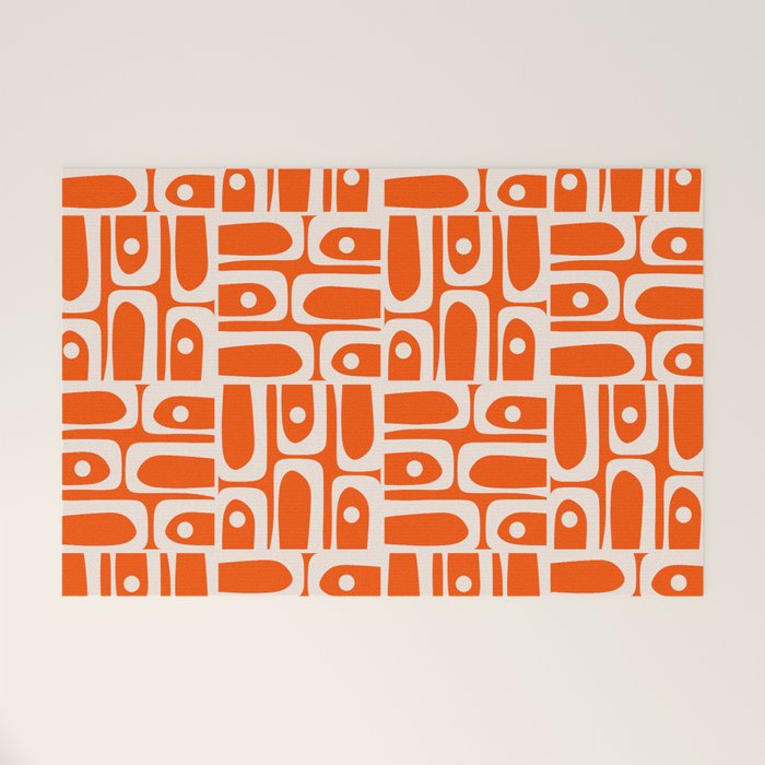 Mid Century Modern Piquet Abstract Multi Pattern in 70s Tangerine Orange and Cream Beige Welcome Mat Gallery Image 1