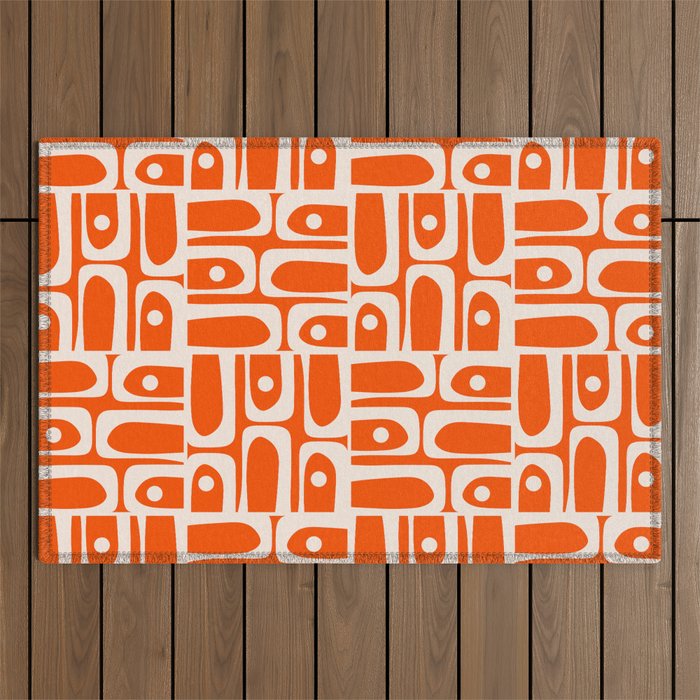 Mid Century Modern Piquet Abstract Multi Pattern in 70s Tangerine Orange and Cream Beige Outdoor Rug Gallery Image 1