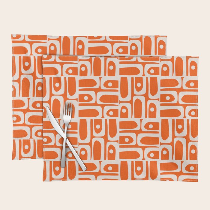 Mid Century Modern Piquet Abstract Multi Pattern in 70s Tangerine Orange and Cream Beige Placemat Gallery Image 1
