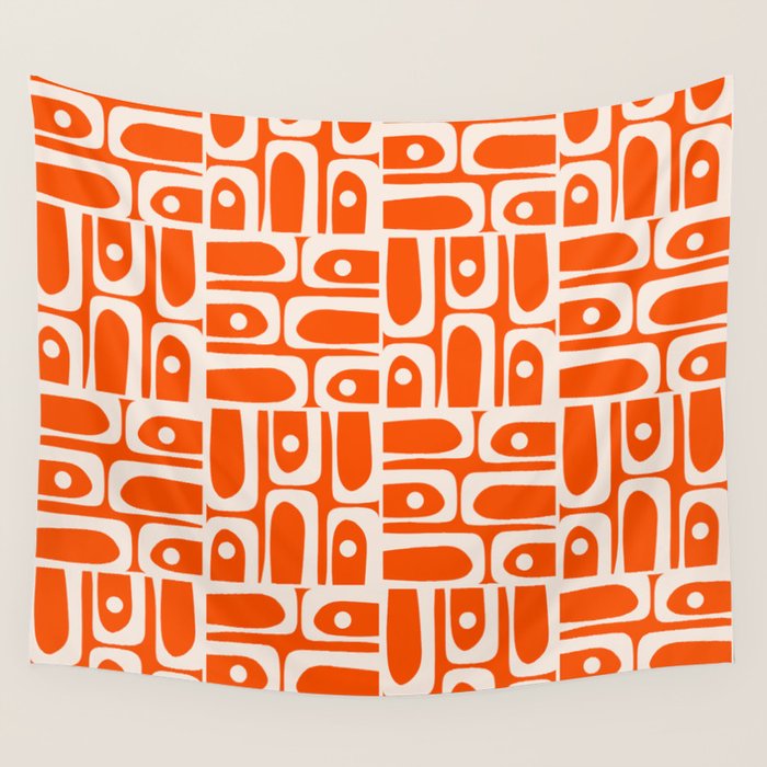 Mid Century Modern Piquet Abstract Multi Pattern in 70s Tangerine Orange and Cream Beige Wall Tapestry Gallery Image 4