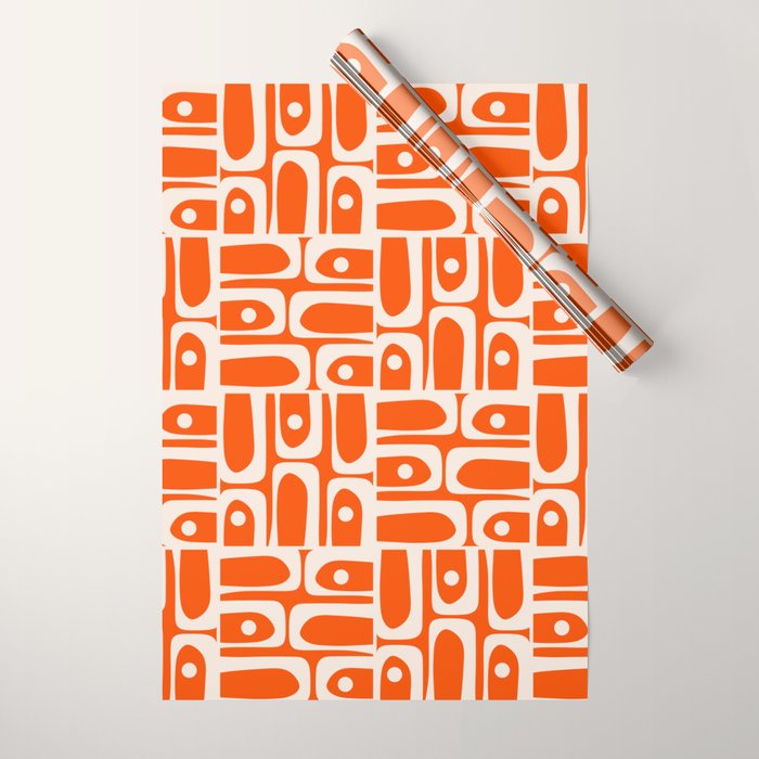 Mid Century Modern Piquet Abstract Multi Pattern in 70s Tangerine Orange and Cream Beige Wrapping Paper Gallery Image 1