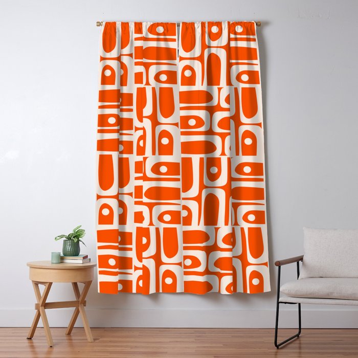 Mid Century Modern Piquet Abstract Multi Pattern in 70s Tangerine Orange and Cream Beige Window Curtain Gallery Image 1