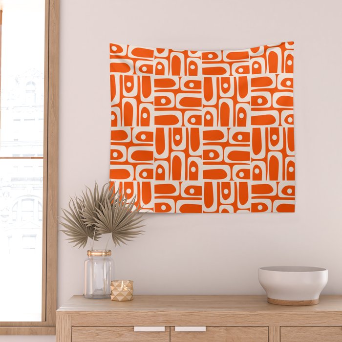 Mid Century Modern Piquet Abstract Multi Pattern in 70s Tangerine Orange and Cream Beige Wall Tapestry Gallery Image 2
