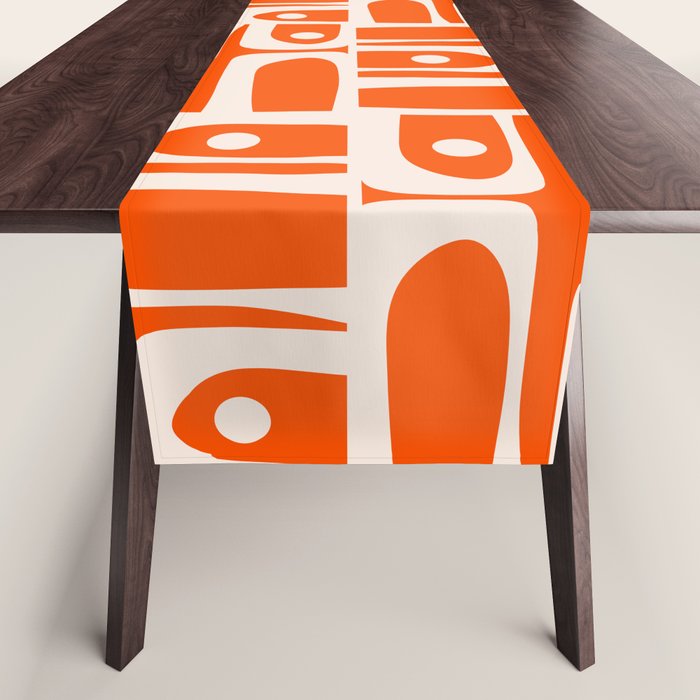 Mid Century Modern Piquet Abstract Multi Pattern in 70s Tangerine Orange and Cream Beige Table Runner Gallery Image 1
