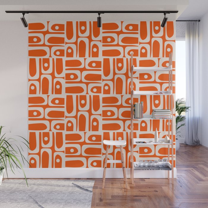 Mid Century Modern Piquet Abstract Multi Pattern in 70s Tangerine Orange and Cream Beige Wall Mural Gallery Image 1