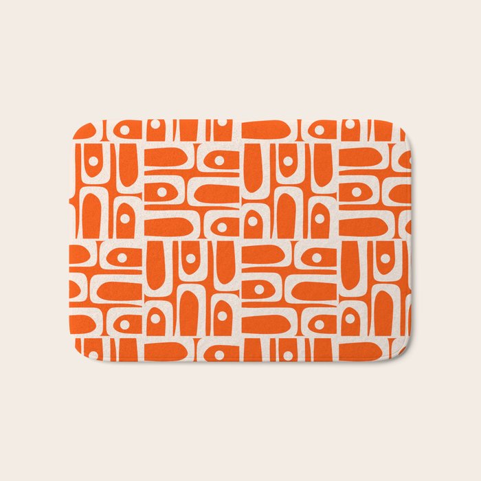 Mid Century Modern Piquet Abstract Multi Pattern in 70s Tangerine Orange and Cream Beige Bath Mat Gallery Image 1