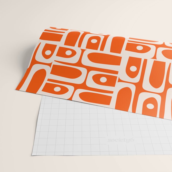 Mid Century Modern Piquet Abstract Multi Pattern in 70s Tangerine Orange and Cream Beige Wrapping Paper Gallery Image 2