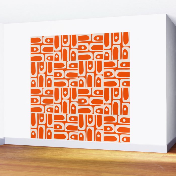 Mid Century Modern Piquet Abstract Multi Pattern in 70s Tangerine Orange and Cream Beige Wall Mural Gallery Image 2