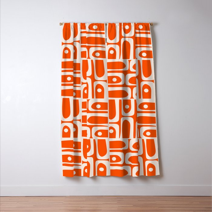 Mid Century Modern Piquet Abstract Multi Pattern in 70s Tangerine Orange and Cream Beige Window Curtain Gallery Image 3