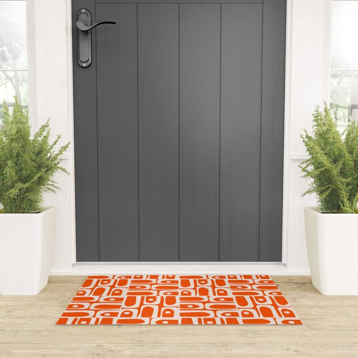Mid Century Modern Piquet Abstract Multi Pattern in 70s Tangerine Orange and Cream Beige Welcome Mat Gallery Image 3