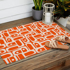 Mid Century Modern Piquet Abstract Multi Pattern in 70s Tangerine Orange and Cream Beige Outdoor Rug Gallery Image 2
