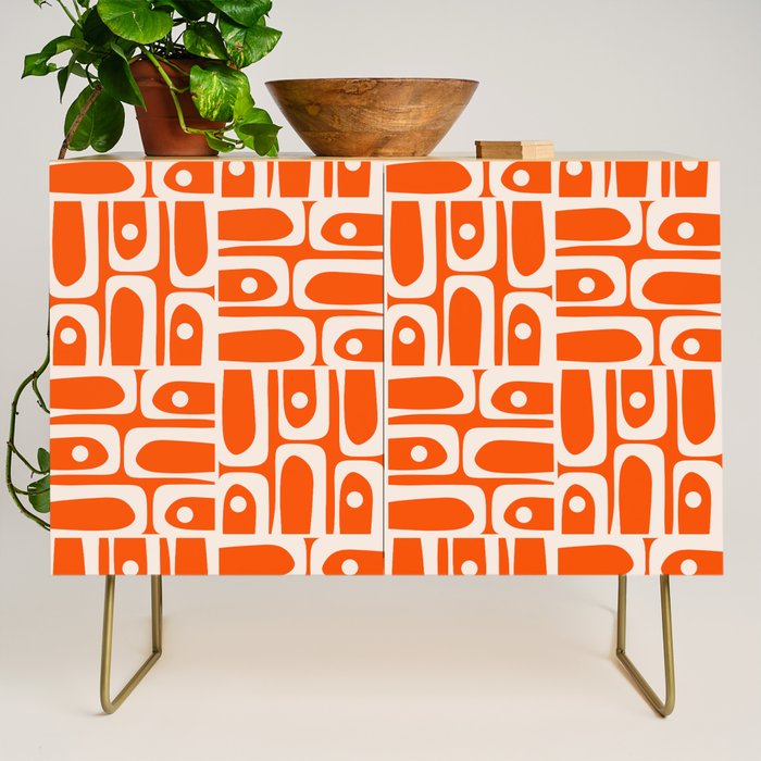 Mid Century Modern Piquet Abstract Multi Pattern in 70s Tangerine Orange and Cream Beige Credenza Gallery Image 1