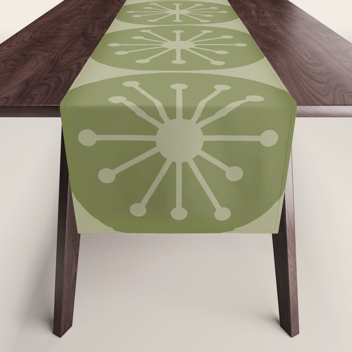 Mid Century Modern Atomic Dots Retro Pattern in Muted Vintage Olive Green Table Runner Gallery Image 1