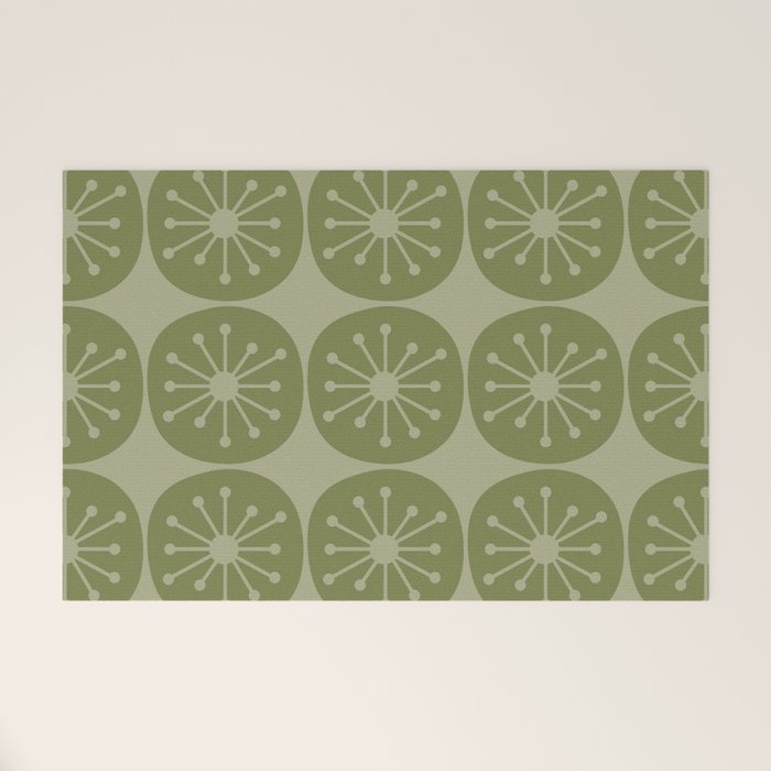 Mid Century Modern Atomic Dots Retro Pattern in Muted Vintage Olive Green Welcome Mat Gallery Image 1