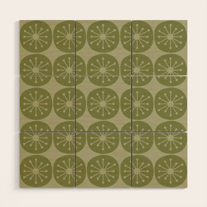 Mid Century Modern Atomic Dots Retro Pattern in Muted Vintage Olive Green Wood Wall Art Gallery Image 1