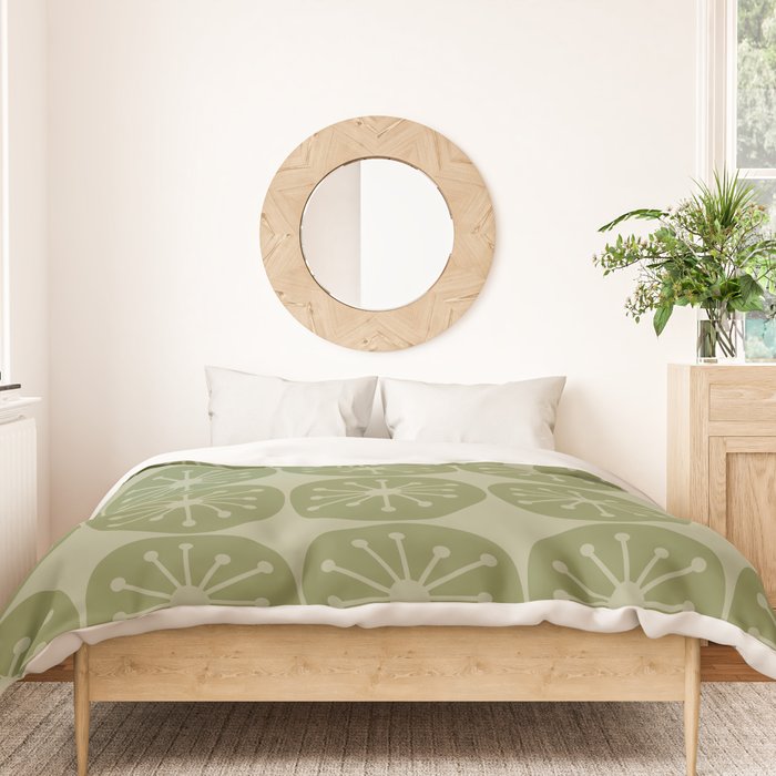 Mid Century Modern Atomic Dots Retro Pattern in Muted Vintage Olive Green Duvet Cover Gallery Image 3