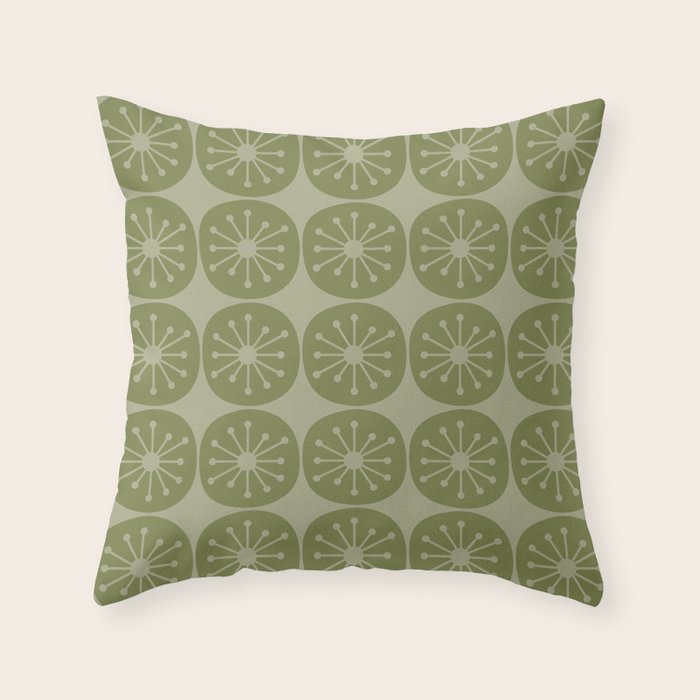 Mid Century Modern Atomic Dots Retro Pattern in Muted Vintage Olive Green Throw Pillow Gallery Image 1