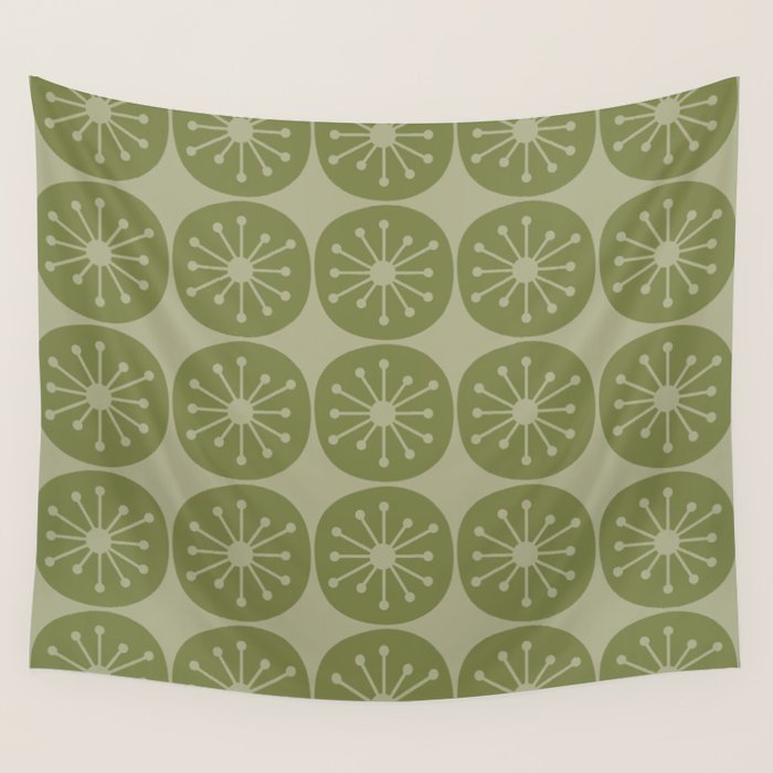 Mid Century Modern Atomic Dots Retro Pattern in Muted Vintage Olive Green Wall Tapestry Gallery Image 4