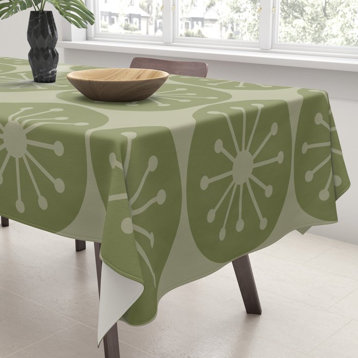 Mid Century Modern Atomic Dots Retro Pattern in Muted Vintage Olive Green Tablecloth Gallery Image 3