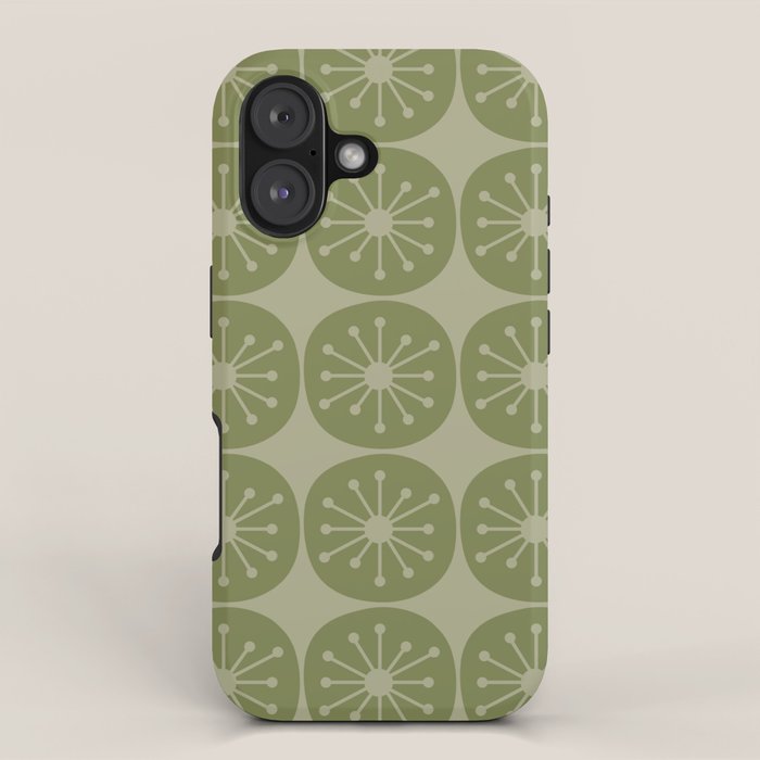 Mid Century Modern Atomic Dots Retro Pattern in Muted Vintage Olive Green iPhone Case Gallery Image 1