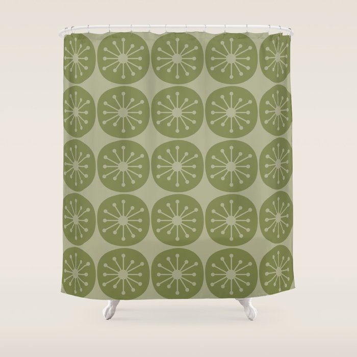 Mid Century Modern Atomic Dots Retro Pattern in Muted Vintage Olive Green Shower Curtain Gallery Image 1