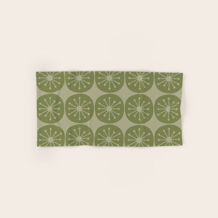 Mid Century Modern Atomic Dots Retro Pattern in Muted Vintage Olive Green Bath Towel Gallery Image 1
