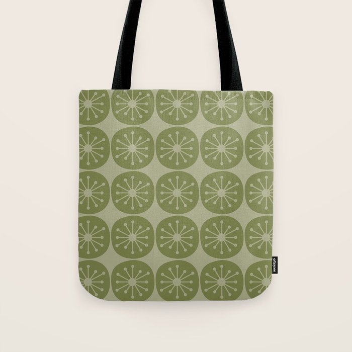 Mid Century Modern Atomic Dots Retro Pattern in Muted Vintage Olive Green Tote Bag Gallery Image 1