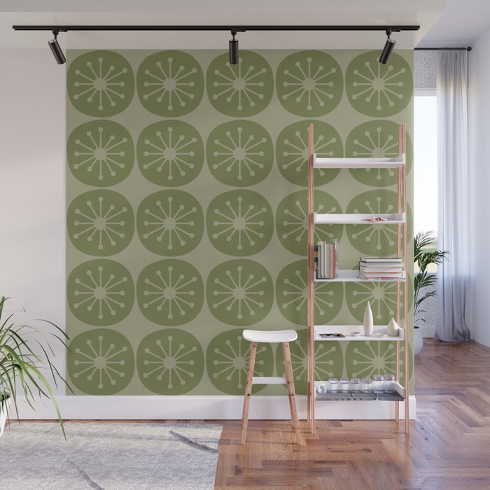 Mid Century Modern Atomic Dots Retro Pattern in Muted Vintage Olive Green Wall Mural Gallery Image 1
