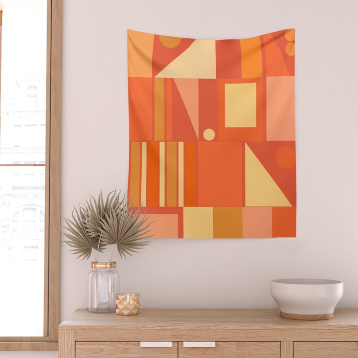 Mid Century Modern Modtastic Geometric Abstract Orange Yellow Wall Tapestry Gallery Image 2