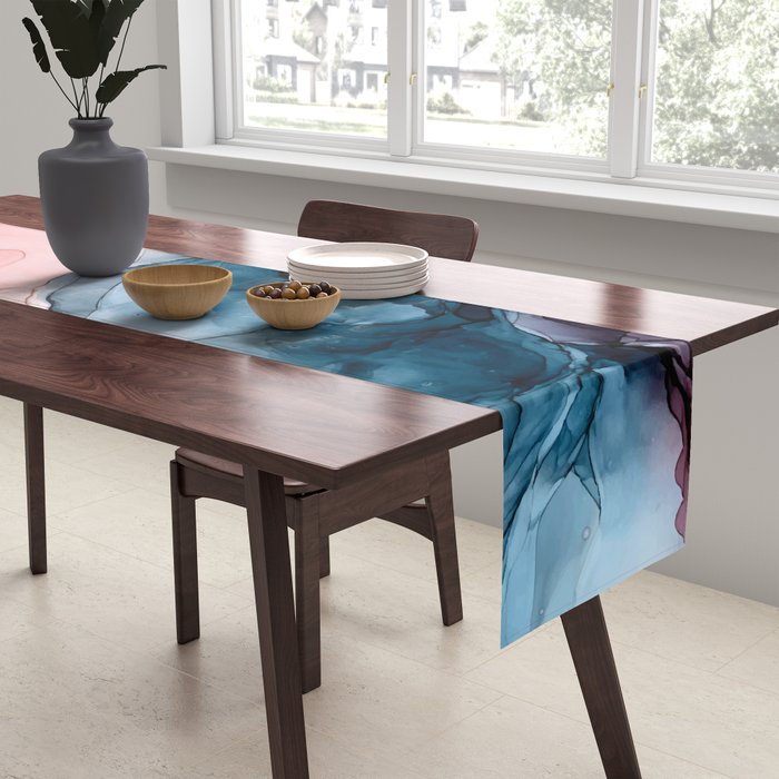 Pastel Plum, Deep Blue, Blush and Gold Abstract Painting Table Runner Gallery Image 2