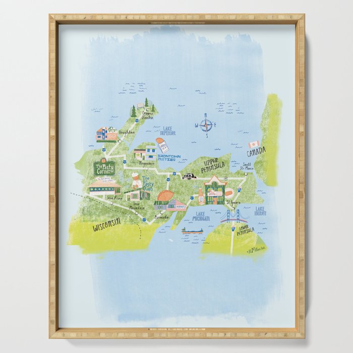 Map of Northern Michigan - Pasty Tour in Blue Serving Tray Gallery Image 1