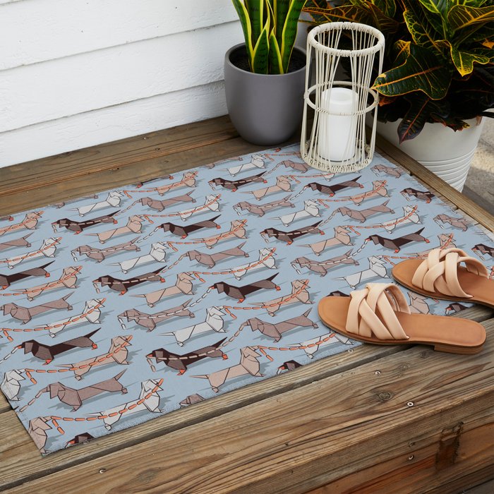 Origami Dachshunds sausage dogs // pale blue background Outdoor Rug Gallery Image 2