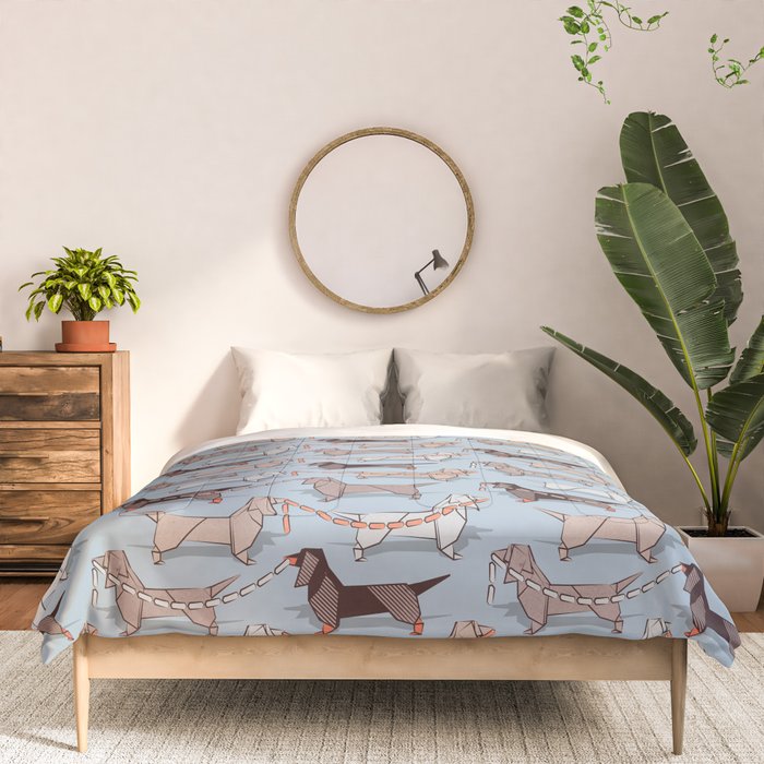 Origami Dachshunds sausage dogs // pale blue background Comforter Gallery Image 3