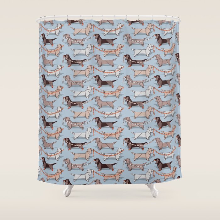 Origami Dachshunds sausage dogs // pale blue background Shower Curtain Gallery Image 1