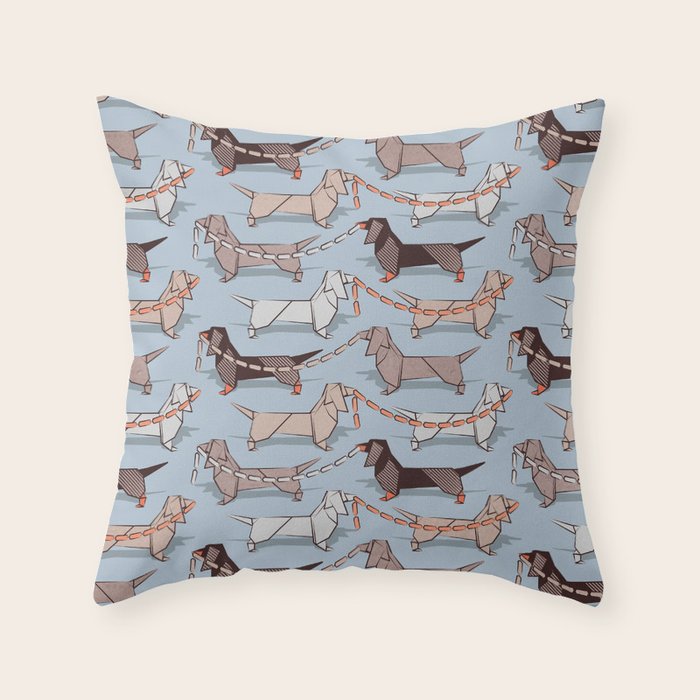 Origami Dachshunds sausage dogs // pale blue background Throw Pillow Gallery Image 6